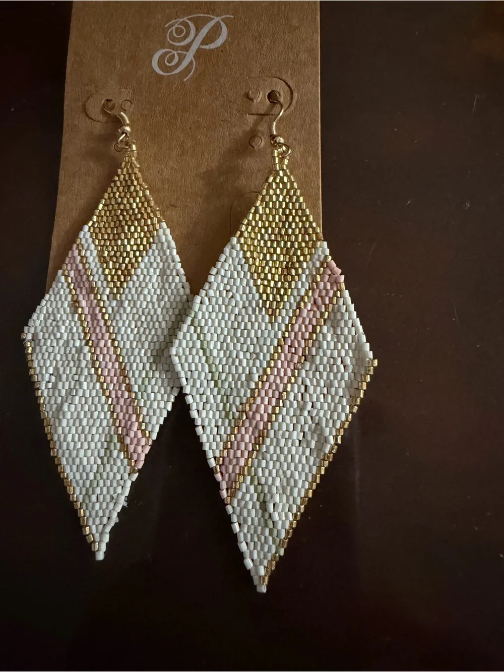 White, Gold & Pink Beaded Drop Earrings- Plunder